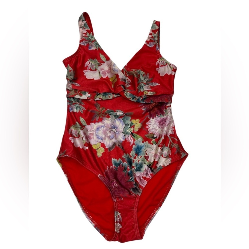 Nine West Red Floral One Piece V-Neck Swimsuit in Size S